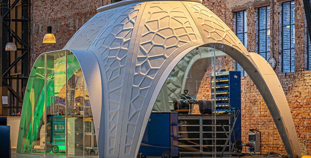 These custom, igloo-shaped workspaces are 3D-printed with recycled PET