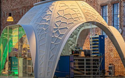 These custom, igloo-shaped workspaces are 3D-printed with recycled PET